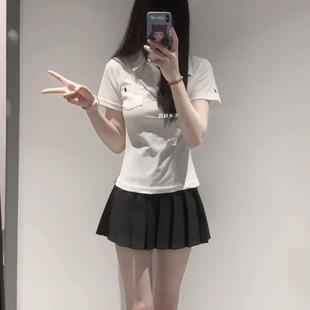 夏季 白色POLO衫 女正肩休闲修身 日系T恤校供感穿搭澈格裙短裙套装