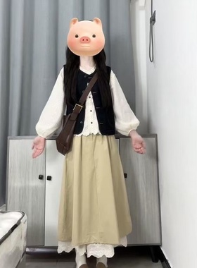 秋季韩系新款修身黑色马甲开衫宽松绣花镂空衬衫搭配高腰款半身裙