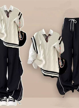 2025春秋款韩系学生女穿搭马甲+抽绳衬衫+领带+黑色工装裤四件套