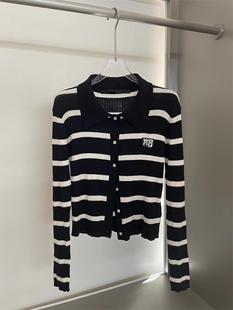 弹力POLO领毛线开衫 大王条纹针织衫 小众黑白撞色修身 新款 2025春季