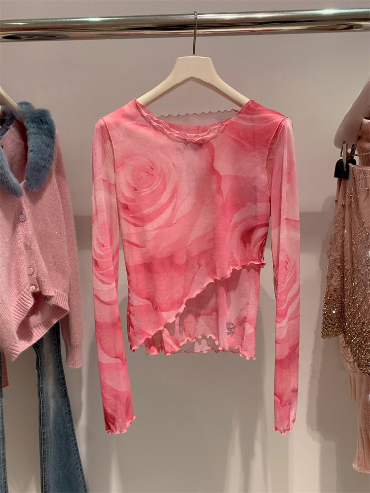 法式小众2025早秋新款修身红色玫瑰花长袖T恤女假两件打底衫上衣,女装/女士精品,T恤,淘宝优惠券,粉丝福利购,淘宝优惠卷