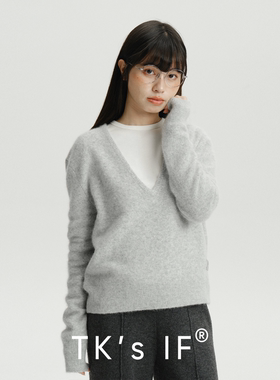 【津轻】浣熊毛羊毛混纺深V领长袖套头毛衣