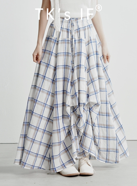 【栗原】棉麻混纺全橡筋腰抽绳多种穿法显瘦百搭格子半身裙