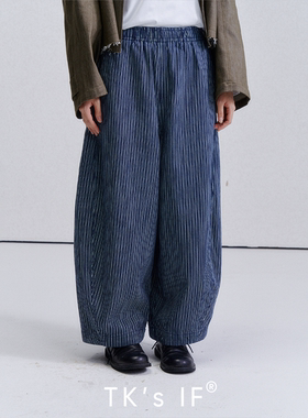 【新四郎】全棉橡筋绳腰弧形分割牛仔条纹裤