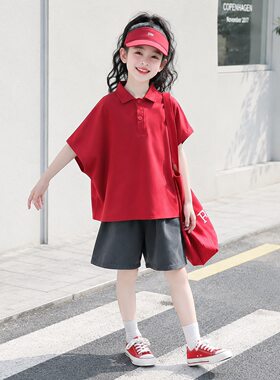 女童夏季套装2026新款夏季儿童短袖Polo衫中大童蝙蝠袖短裤两件套