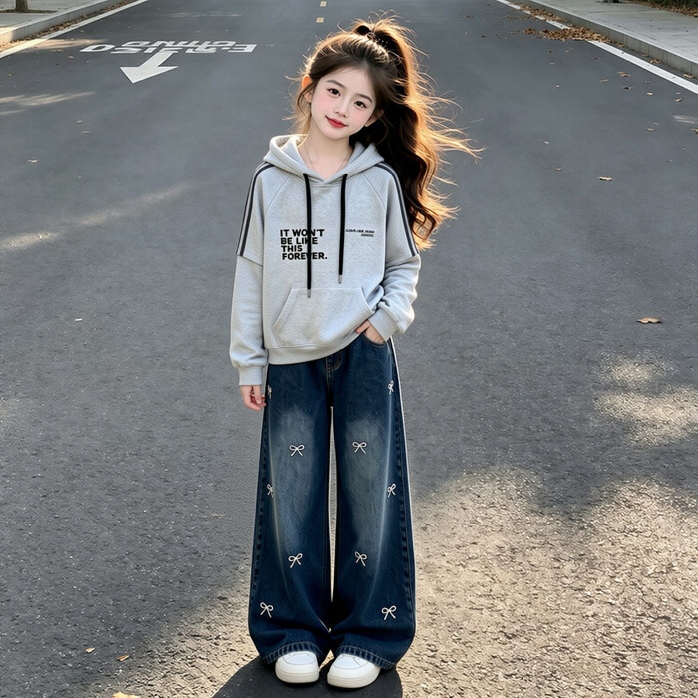 女童渐变卫衣运动套装2026新款儿童春秋装连帽衫牛仔直筒裤两件套图片