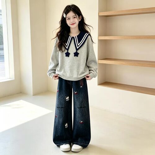 女童学院风套装秋季2026新款儿童海军领上衣秋装女孩牛仔裤两件套