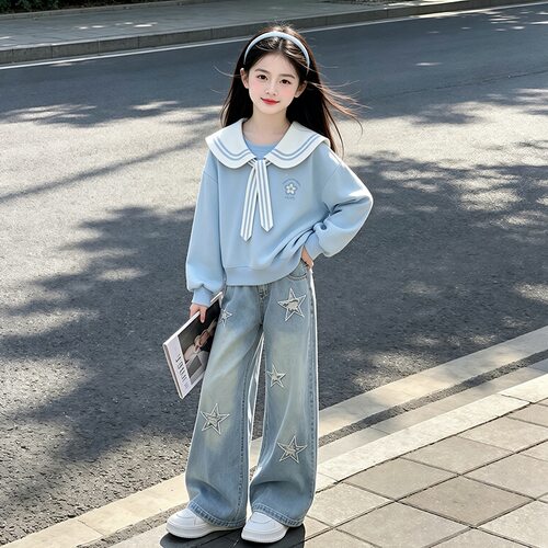 女童早秋套装2026新款海军领卫衣星星阔腿牛仔裤中大童洋气两件套