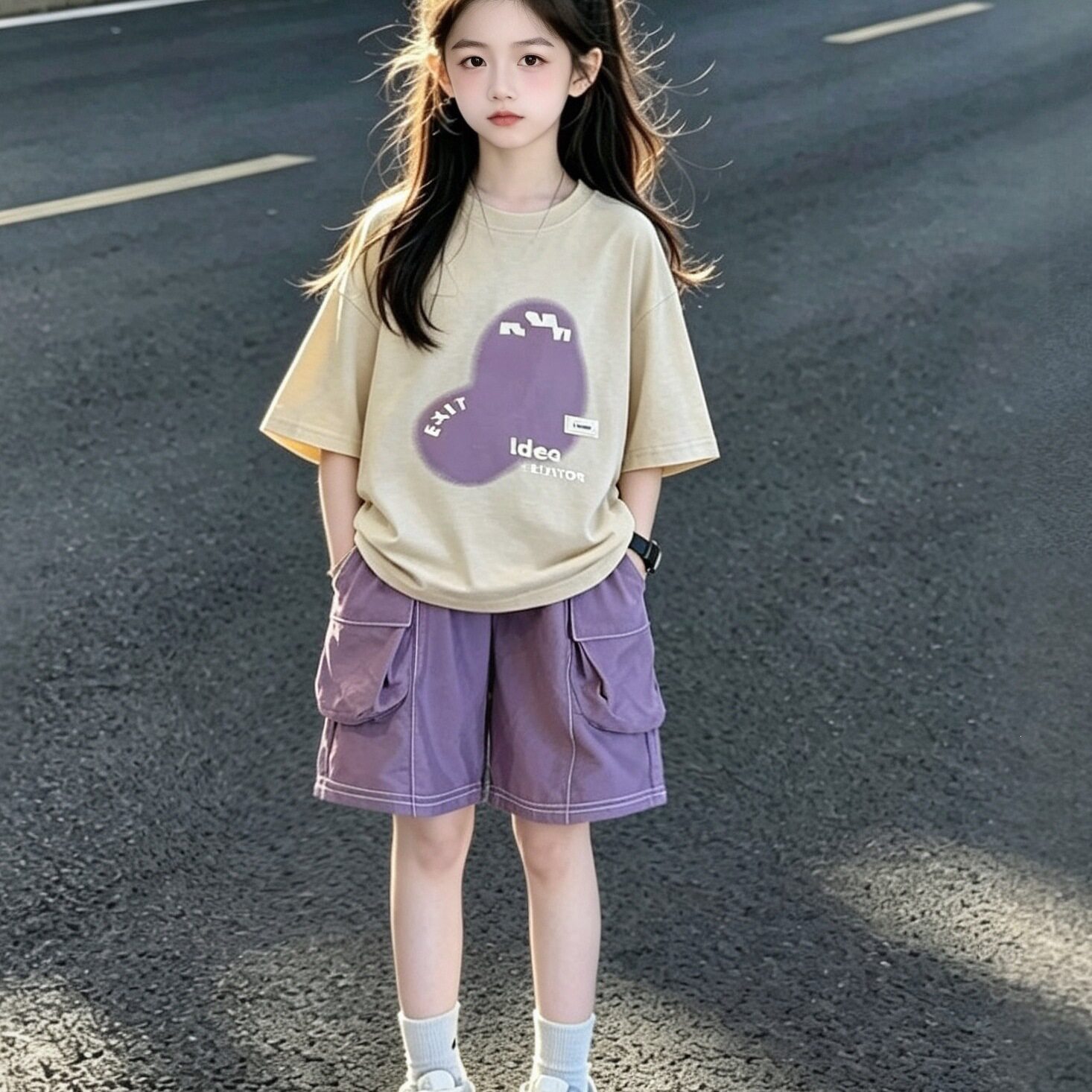 女童休闲运动两件套夏季2026新款洋气时髦印花宽松纯棉短袖短裤潮