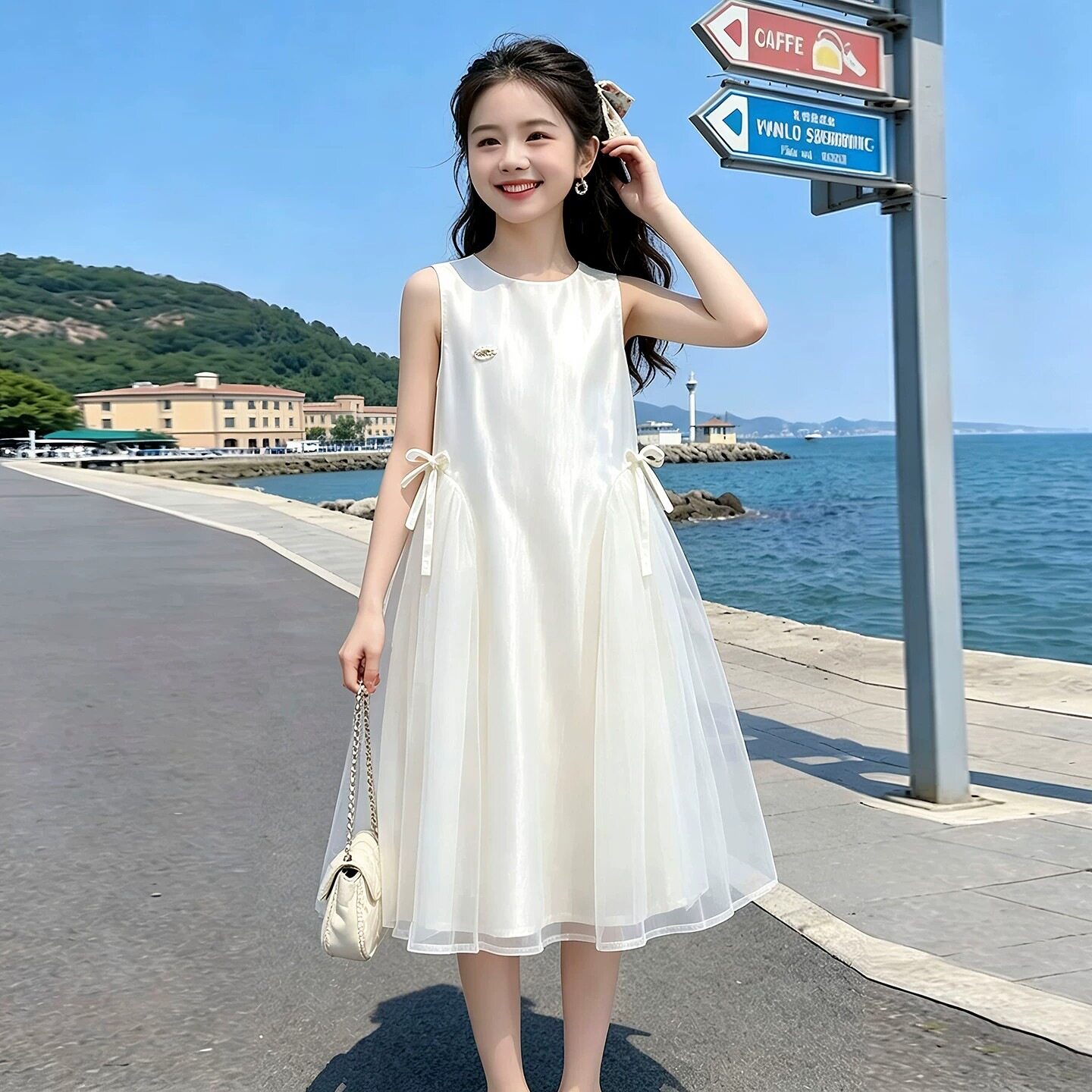 女童网纱连衣裙2026新款夏装洋气中大童韩版休闲甜美蝴蝶结公主裙