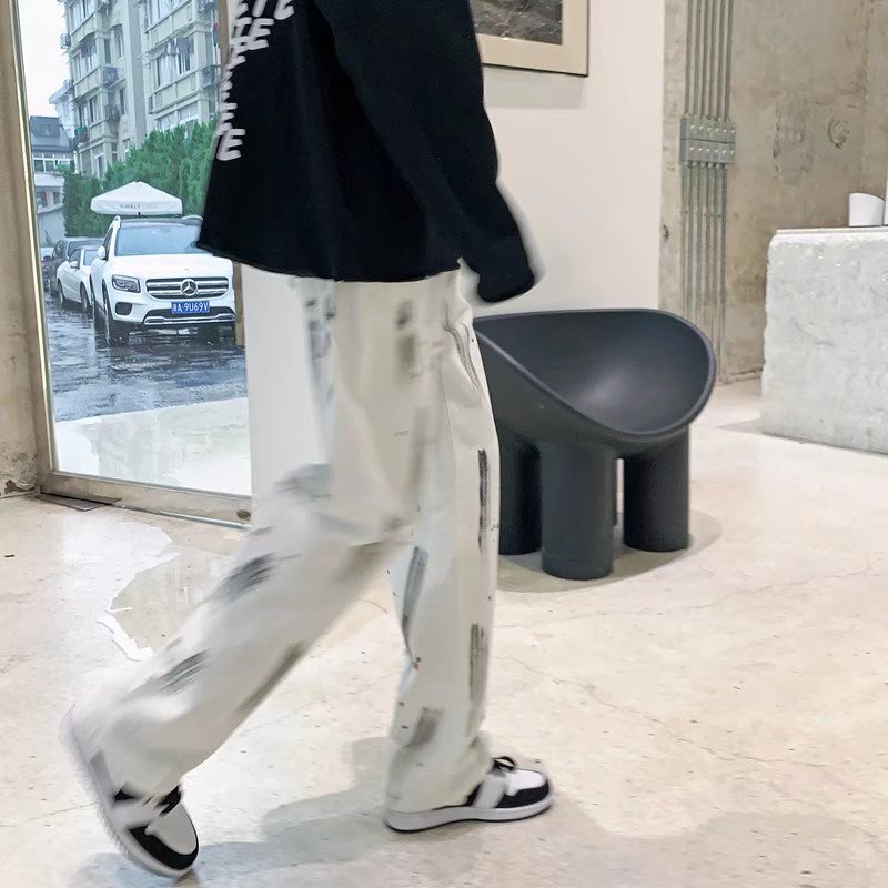 涂鸦扎染炸街裤子男痞帅长裤嘻哈欧美潮牌牛仔裤宽松垂感阔腿男裤