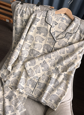 2025新款纯棉磨毛舒适情侣北极熊长袖长裤磨毛家居服睡衣套装小兔