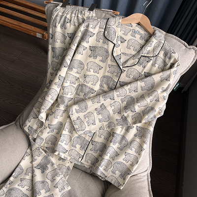 2025新款纯棉磨毛舒适情侣北极熊长袖长裤磨毛家居服睡衣套装