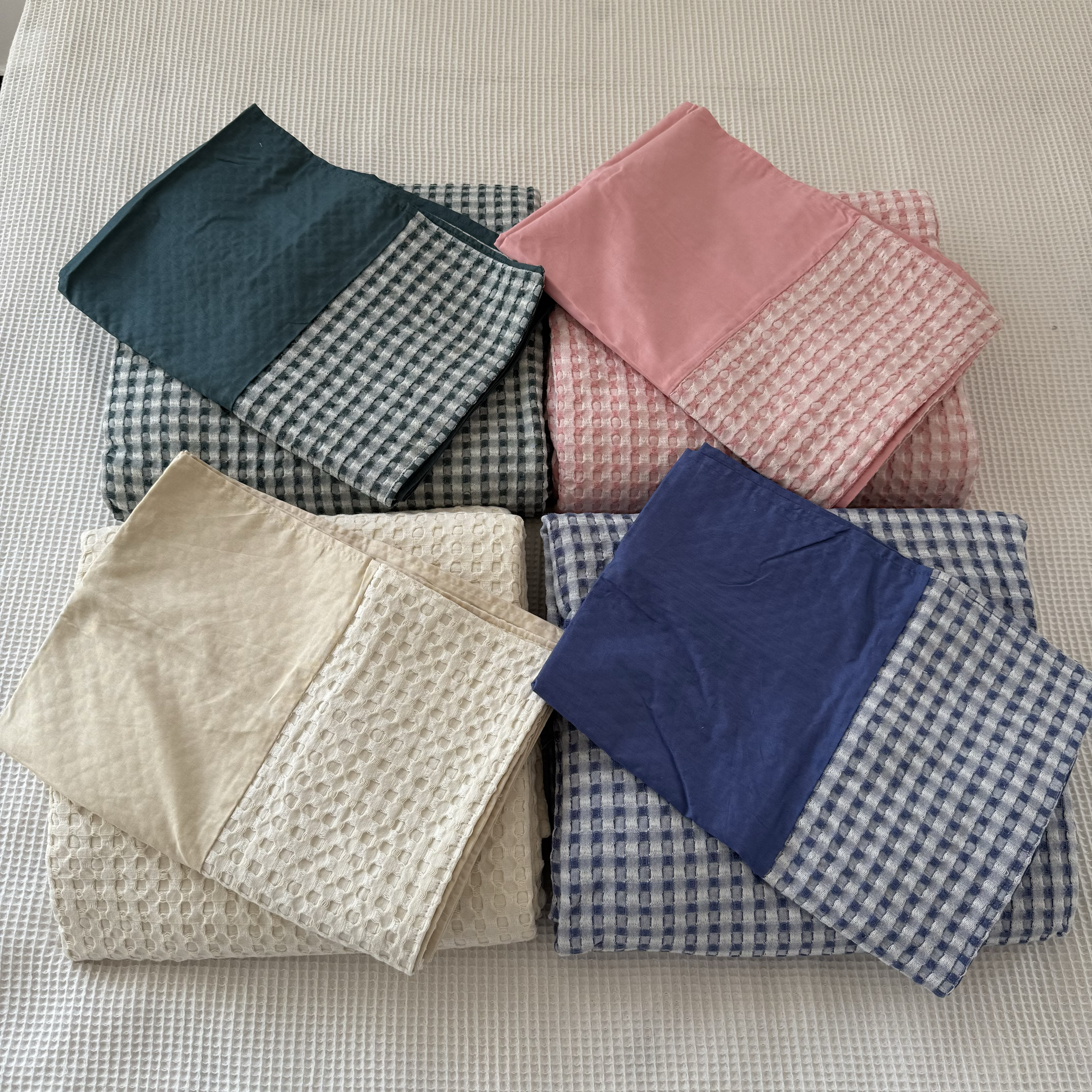 亏钱处理！三件套！外贸全棉华夫格盖毯水洗色织蜂巢纯棉空调毯子