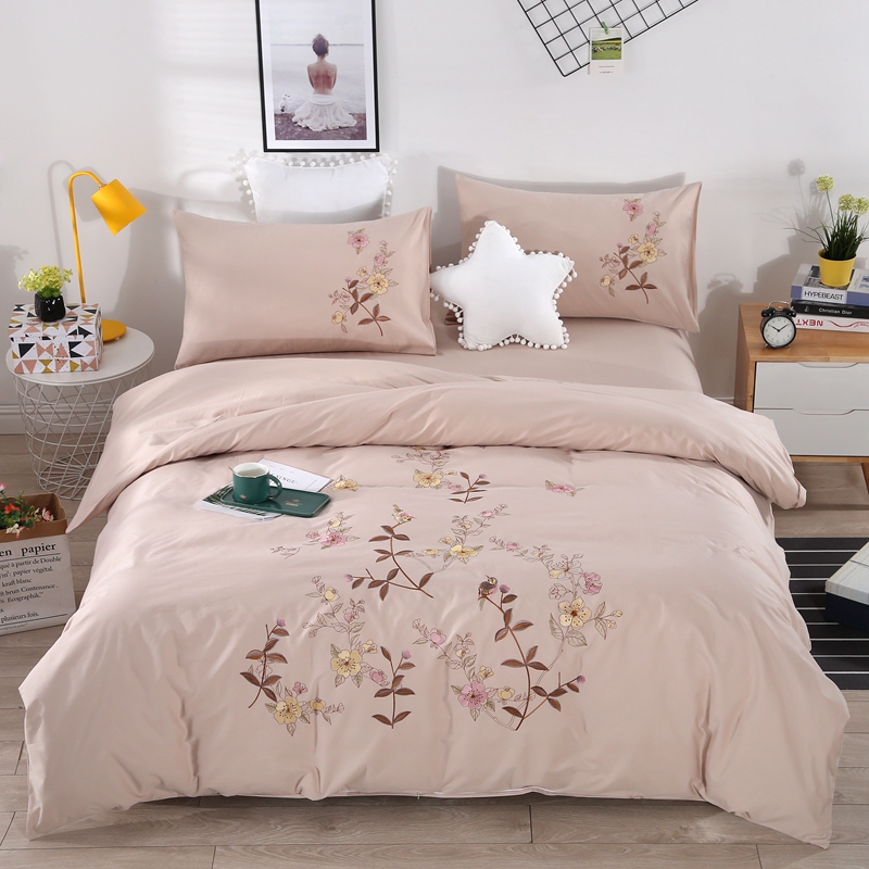 外贸刺绣纯棉被套单件绣花三件套