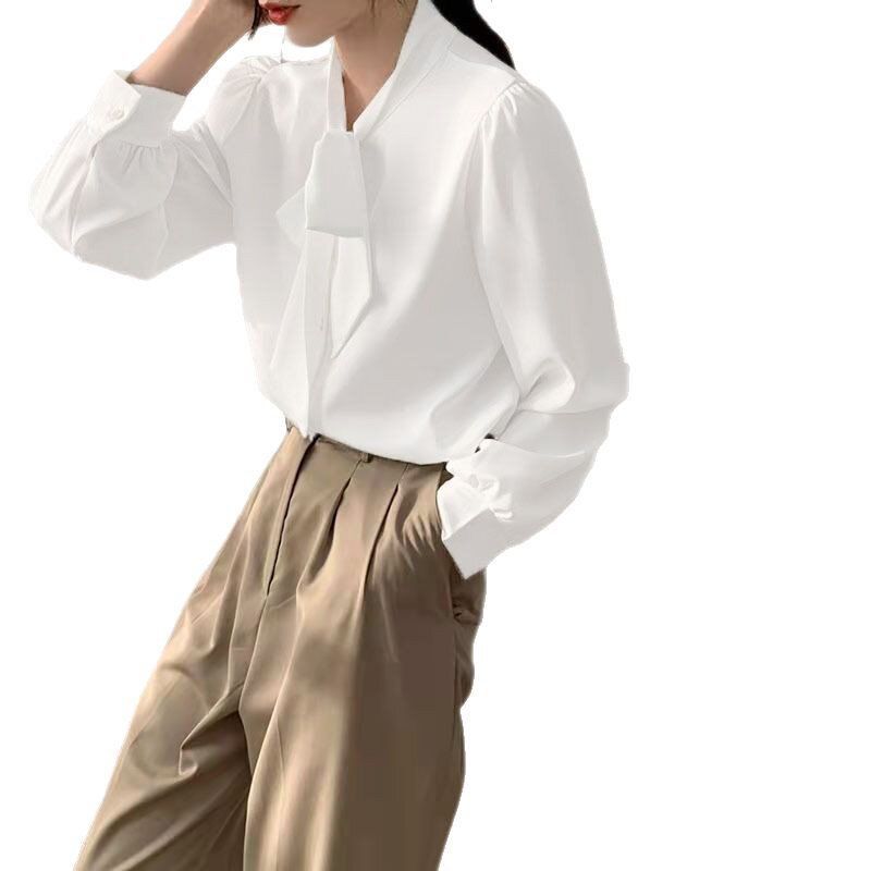 纯色女士蝴蝶结衬衫女职业穿搭正装白色内搭上衣面试蓝色衬衣长袖