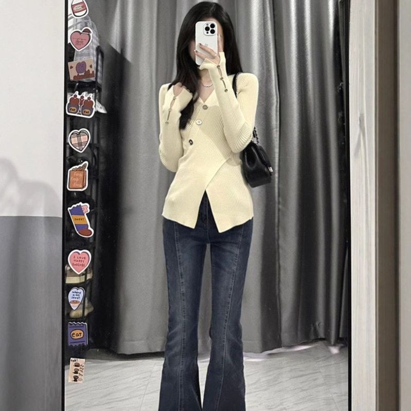 v领不规则开叉针织打底衫女初秋季2023长袖内搭毛衣修身短款上衣