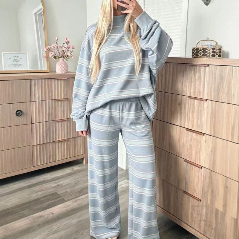 2026秋冬季新款欧美亚马逊欧独立站跨境条纹印花时尚休闲女士套装