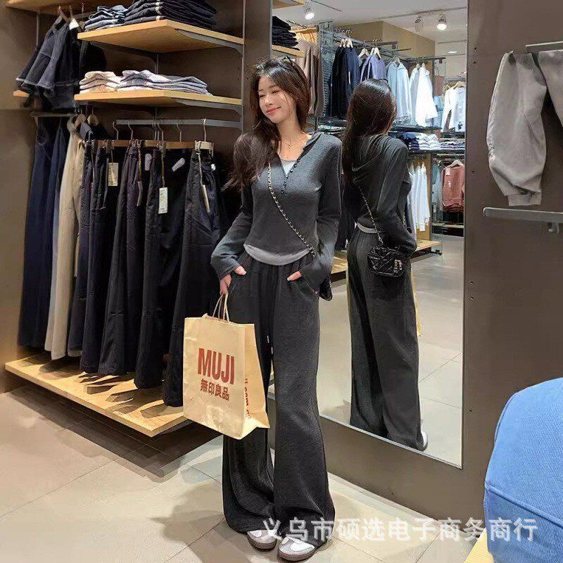 糯米套装两件套休闲运动套装假两件长袖上衣女秋季高腰长裤阔腿裤