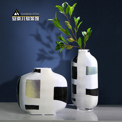 北欧手绘色块陶瓷花瓶现代极简扁形创意插花器家居样板房软装摆件