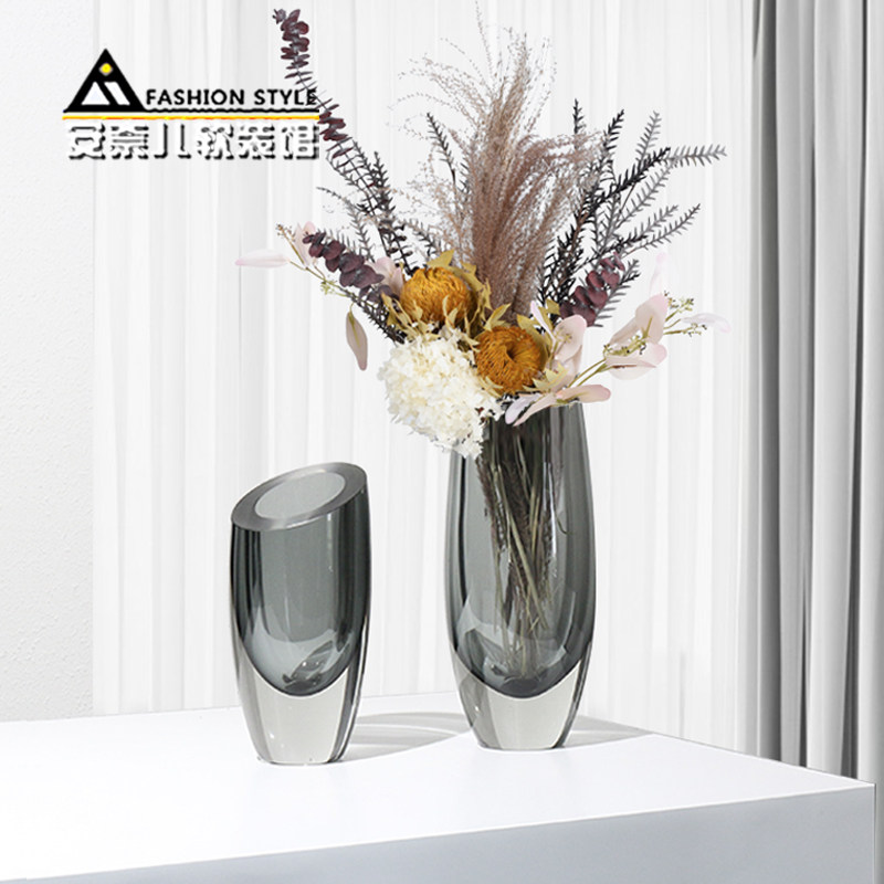 烟灰色斜口水晶玻璃花瓶客厅现代家居客厅桌面插花器高端软装摆件