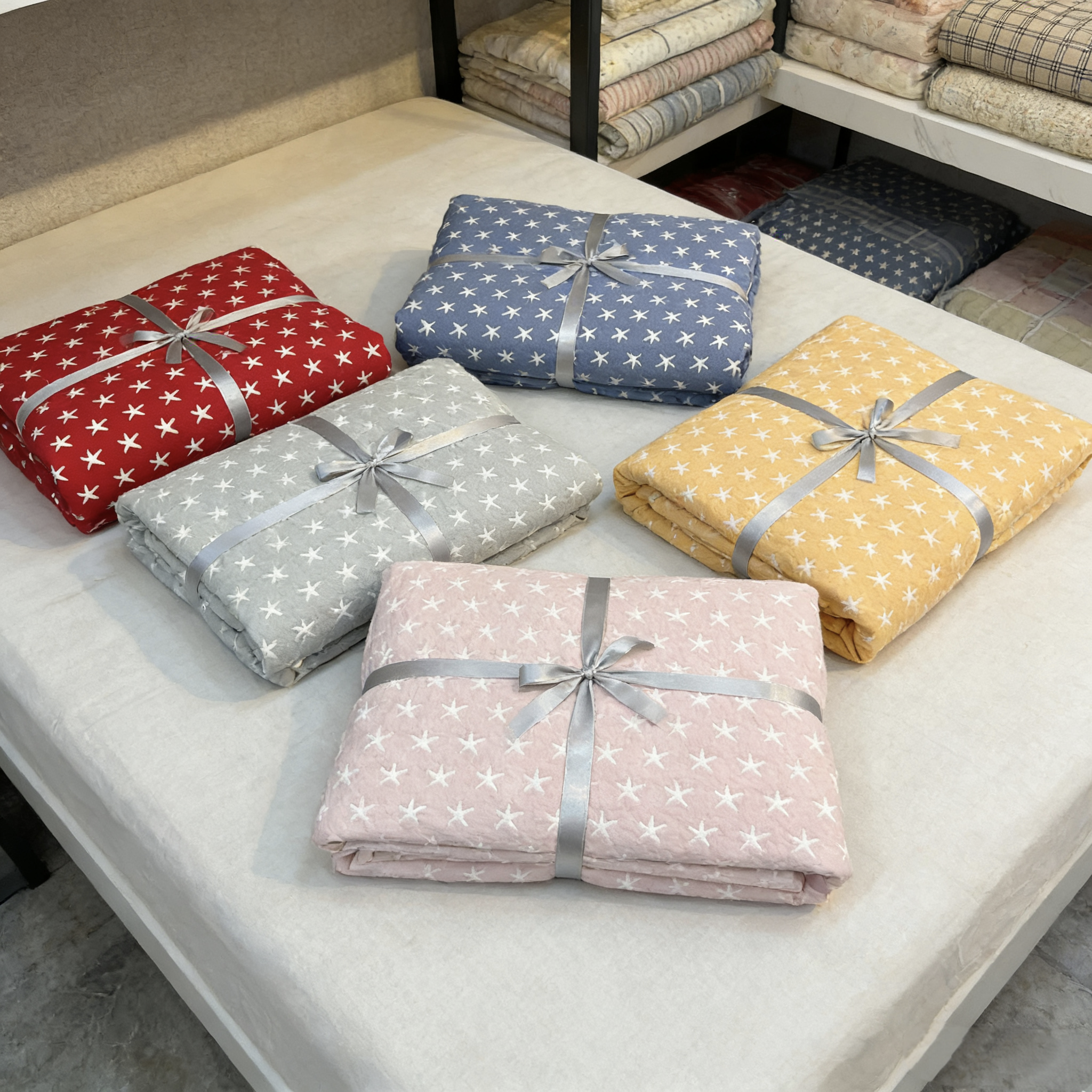 实体店沐瑟纯棉四层纱布水洗提花格星星单双人毛巾被纱布盖毯枕巾