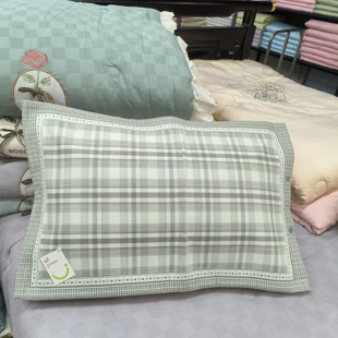 实体店建斌纯棉六层纱布吸汗透气提花格子信封儿童中号枕套一对装