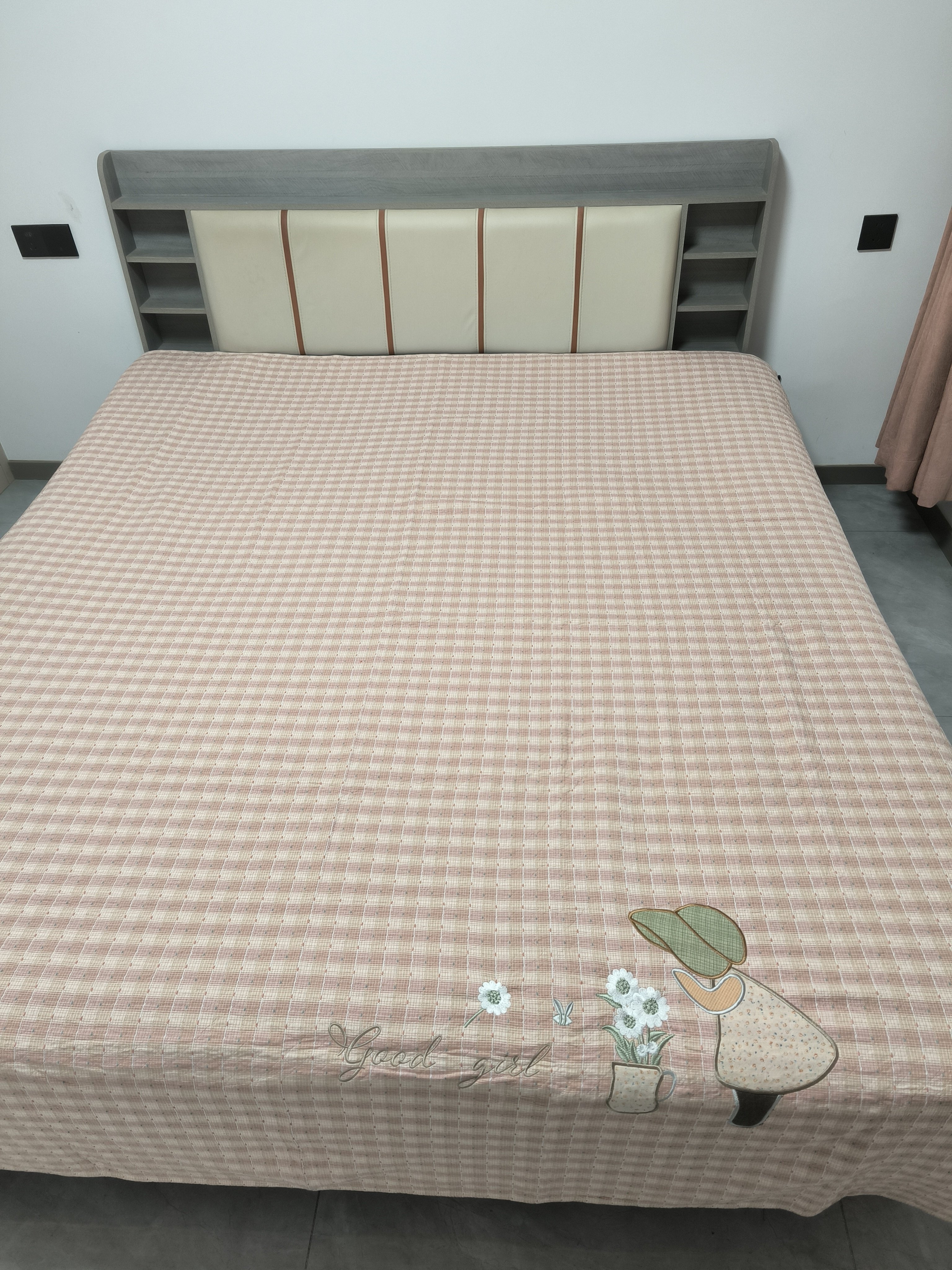 沐瑟纯棉四层纱布毯毛巾被水洗格子刺绣卡通绣花格子床盖枕巾枕套