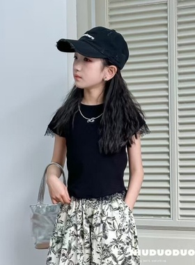 牛哆哆女童t恤2025夏款短版短袖中大童修身T恤蕾丝拼接上衣39121