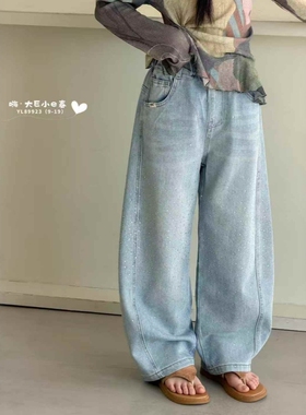 大E小e儿童牛仔裤2026春款中大童韩版直筒裤女童烫钻阔腿裤89923