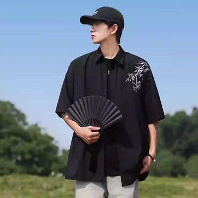 B225-C6615--X59--新中式短袖国风衬衫短袖-100%聚酯纤维2025年潮