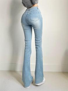 翘臀直筒裤 显瘦修身 女水洗微喇叭裤 浅蓝色蜜桃臀高腰拖地牛仔长裤