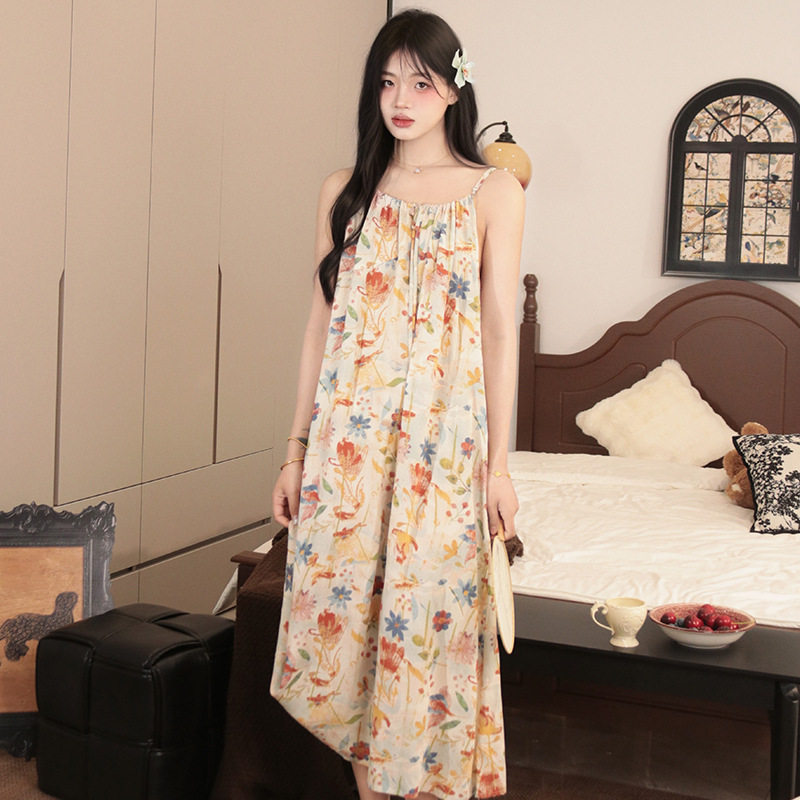 春秋款女睡裙棉绸吊带睡衣女长裙宽松版甜美风网红睡袍过膝连衣裙