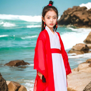 花木兰汉服女童舞蹈演出服女侠风古装红色古典舞走秀潮服儿童装
