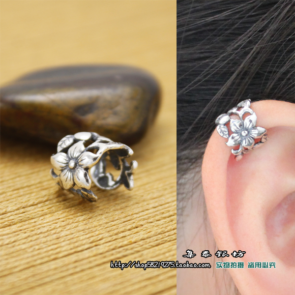 s925纯银女镂空花纹复古个性耳夹