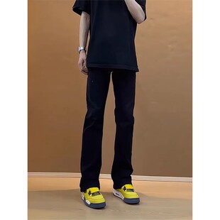 黑色柳叶弯刀牛仔裤男款潮牌修身直筒裤子美式高街vibe风微喇裤子