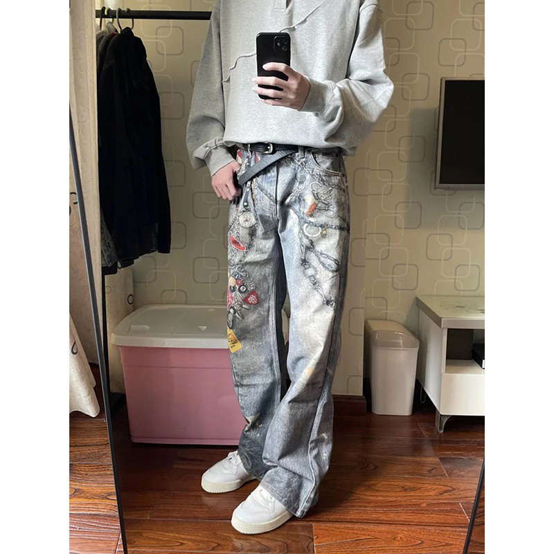 重工3D链条印花水洗做旧牛仔裤