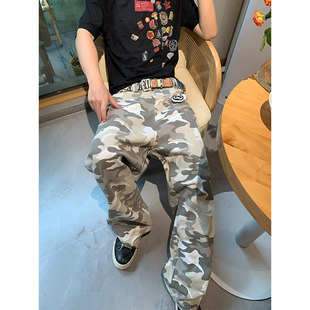 灰白色沙漠迷彩工装牛仔裤男vintage美式高街伐木裤子宽松阔腿裤