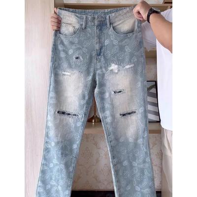 潮牌满印提花破洞补丁工装牛仔裤
