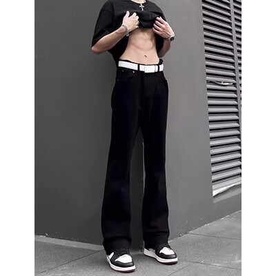 美式高街弹力直筒弯刀微喇加长裤