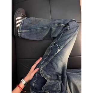 美式铆钉斜切牛仔裤男款cleanfit显腿长直筒裤子小众褶皱微喇长裤