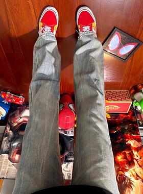 Farsta美式竹节纹水洗牛仔裤男cleanfit百搭微喇长裤高街直筒裤子