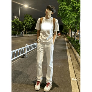 白色微喇弯刀牛仔裤男款夏季窄版修身显瘦裤子vibe穿搭百搭直筒裤