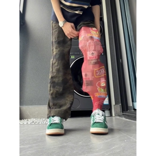 vibe高街加绒迷彩牛仔裤男款秋冬修身直筒工装裤加长高个子微喇裤