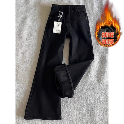 黑色高腰弯刀牛仔裤男款秋冬加绒