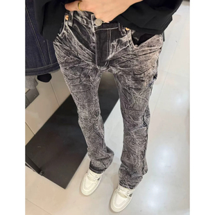 快手网红微喇棉弹裂土纹牛仔裤水洗口袋新款轻奢裤子男女休闲长裤