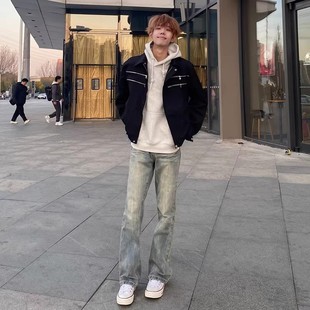 闪电纹牛仔裤男款冬季加绒加厚vibe裤子美式高街复古显腿长微喇裤