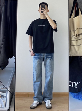 pansk闪电波纹冰蓝色牛仔裤男款微喇美式vibe裤子显瘦弯刀直筒裤