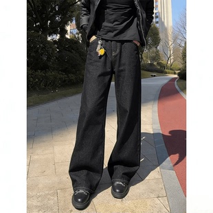 美式高街黑色原牛牛仔裤男款直筒修身百搭裤子复古潮流微喇阔腿裤