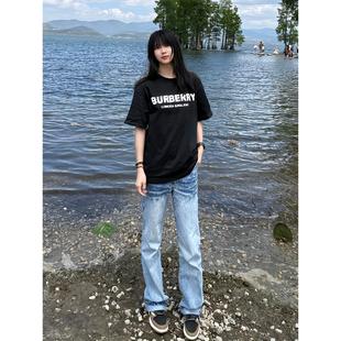 冰蓝色闪电纹微喇牛仔裤男女款夏薄款美式高街情侣裤子窄版直筒裤